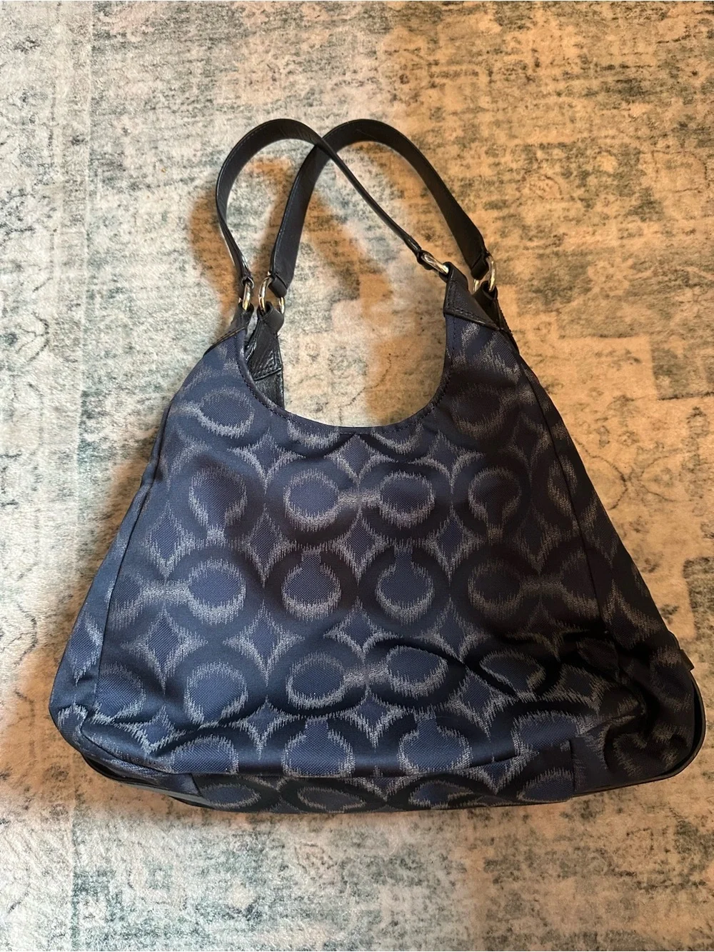 Coach Navy Signature Jacquard Shoulder Bag with Leather Straps